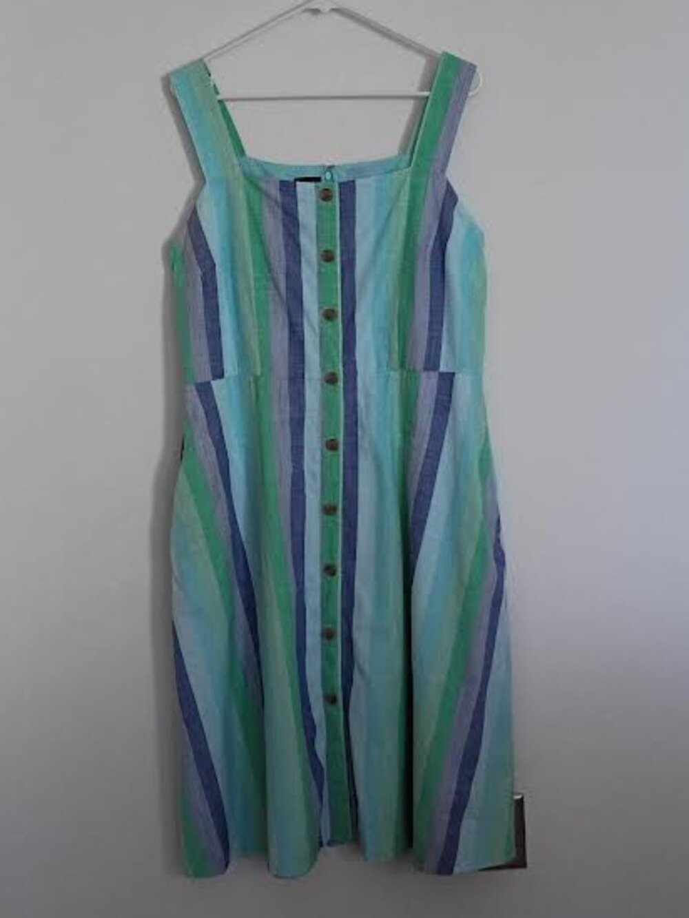 TALBOTS BEACHCOMBER STRIPED MIDI DRESS BLUE GREEN FAUX BUTTONS POCKETS SIZE 12